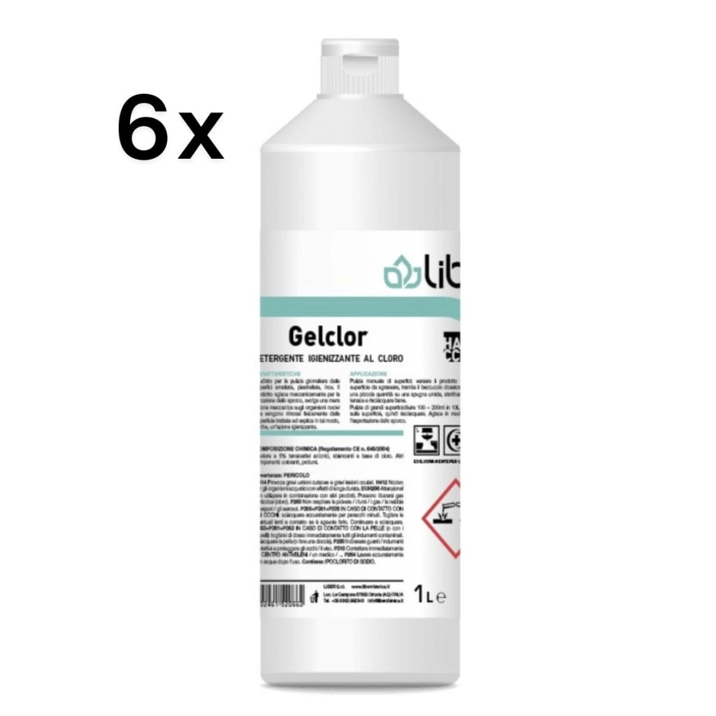 Gelclor 6 Pezzi x 1L, Detergente Igienizzante al Cloro Superfici Bagno HACCP | Liber
