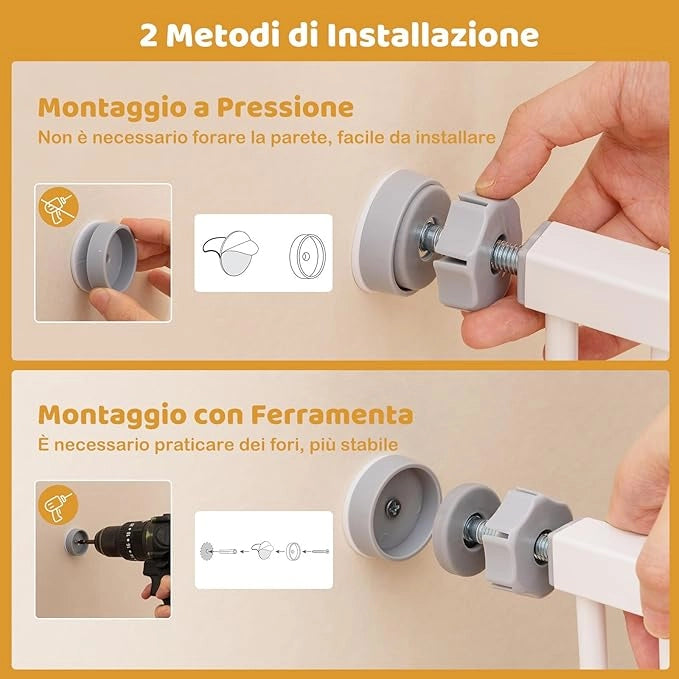 Cancelletto per Bambini per Aperture 74-104 cm, Cancello per Bambino con Porta Piccola, 2 Estensioni e Doppio Blocco, Cancelletto in Metallo da Interno per Cucina, Scale e Soggiorno (Bianco)