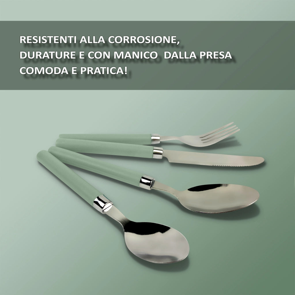 Servizio 24 Pezzi Posate Tavola Acciaio Inox Manici Colorati Tinta Unita Colori Moderni 6x Forchetta Coltello Cucchiaio Cucchiaino Lavabili Lavastoviglie Certificate Contatto Alimenti - Salvia