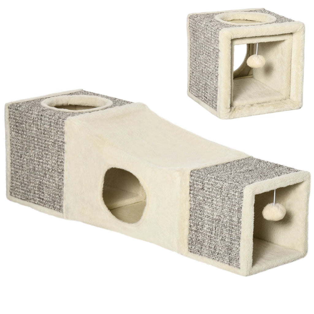 Tunnel giocattolo per gatti con palla sospesa - Xylo - 98x30x30 cm crema