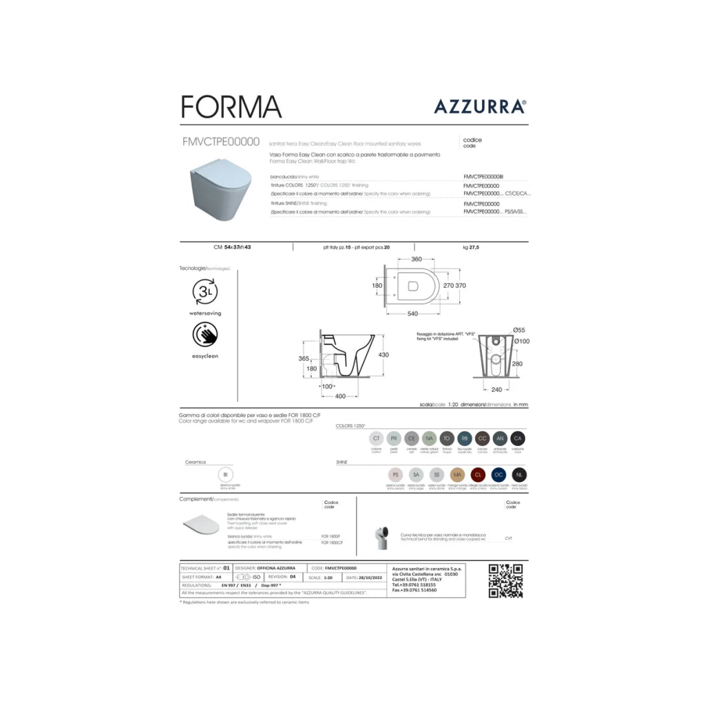 Wc a Terra Senza Brida Azzurra Ceramica "Forma" Bianco Lucido