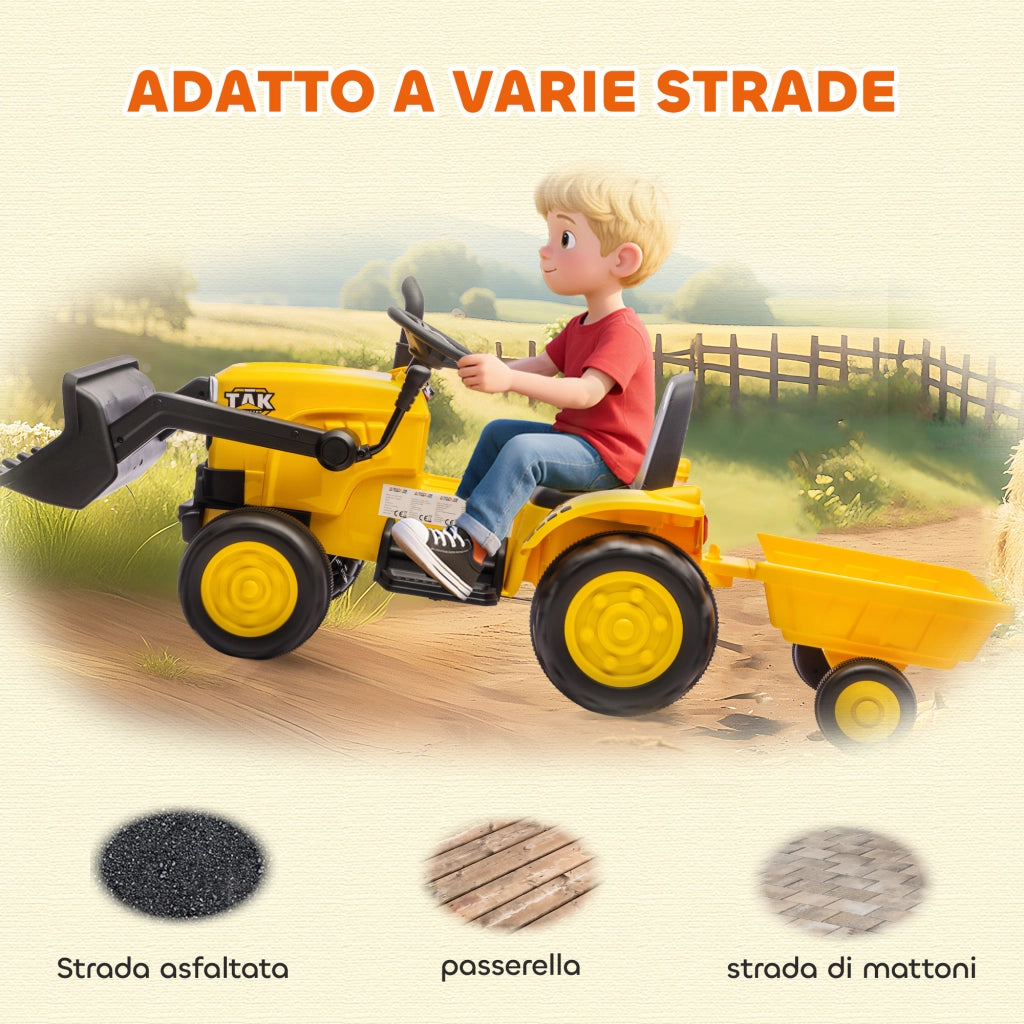 Escavatore Elettrico per Bambini 12V ¨C Xylo ¨C Giallo con Benna e Rimorchio
