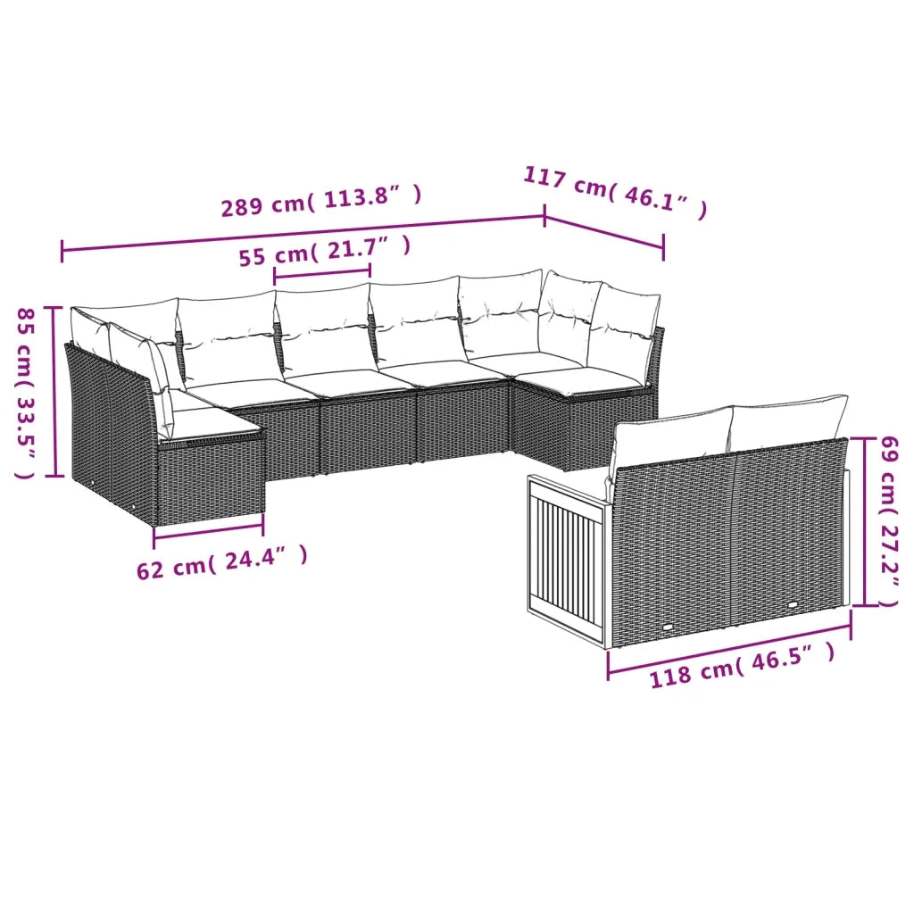 Set Divano da Giardino 9 pz con Cuscini Beige in Polyrattan 3260372