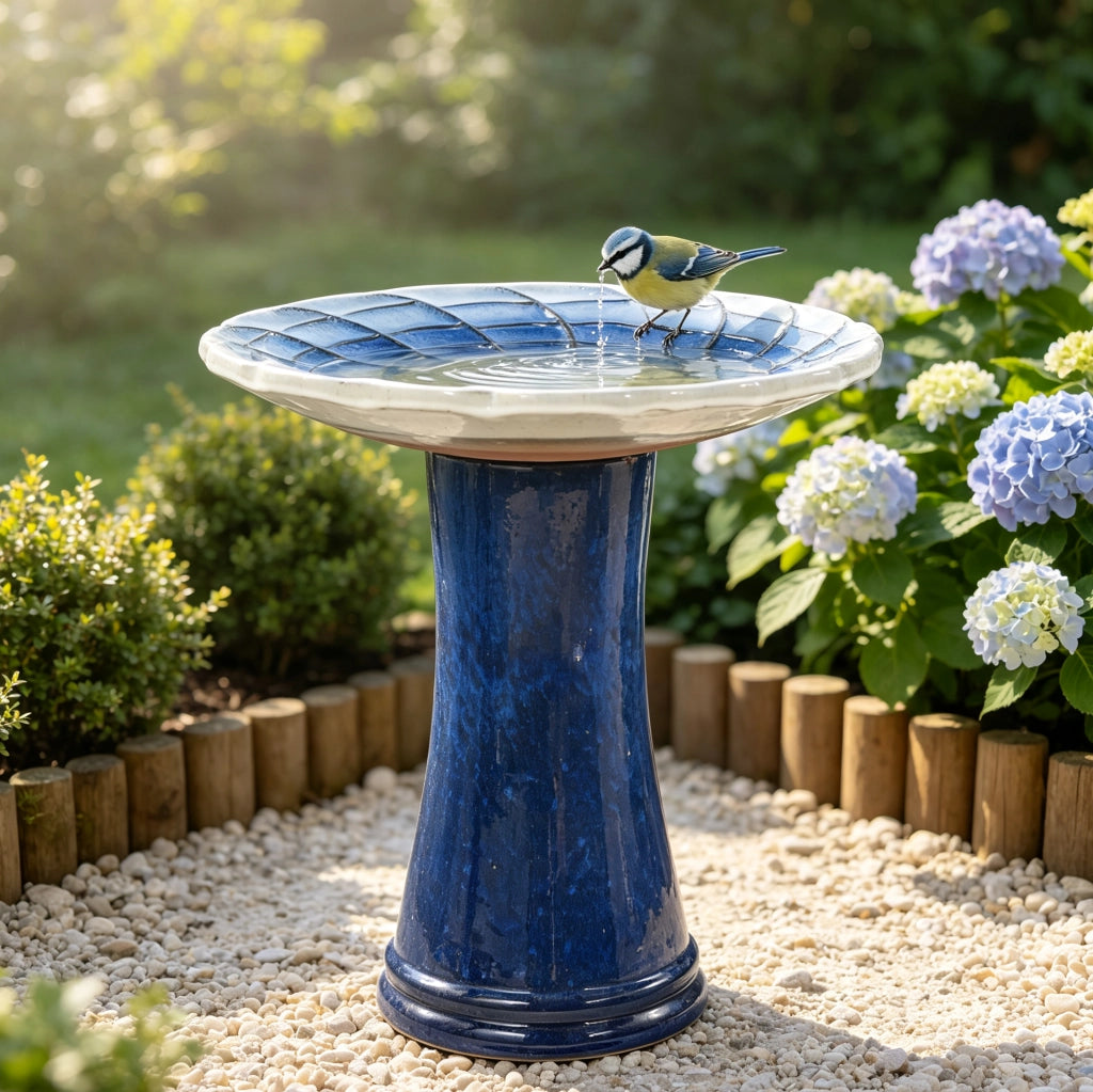 Bagno per uccelli in ceramica fatto a mano con ciotola ampia blu e bianca resistente al gelo Ø 43 cm altezza 45 cm