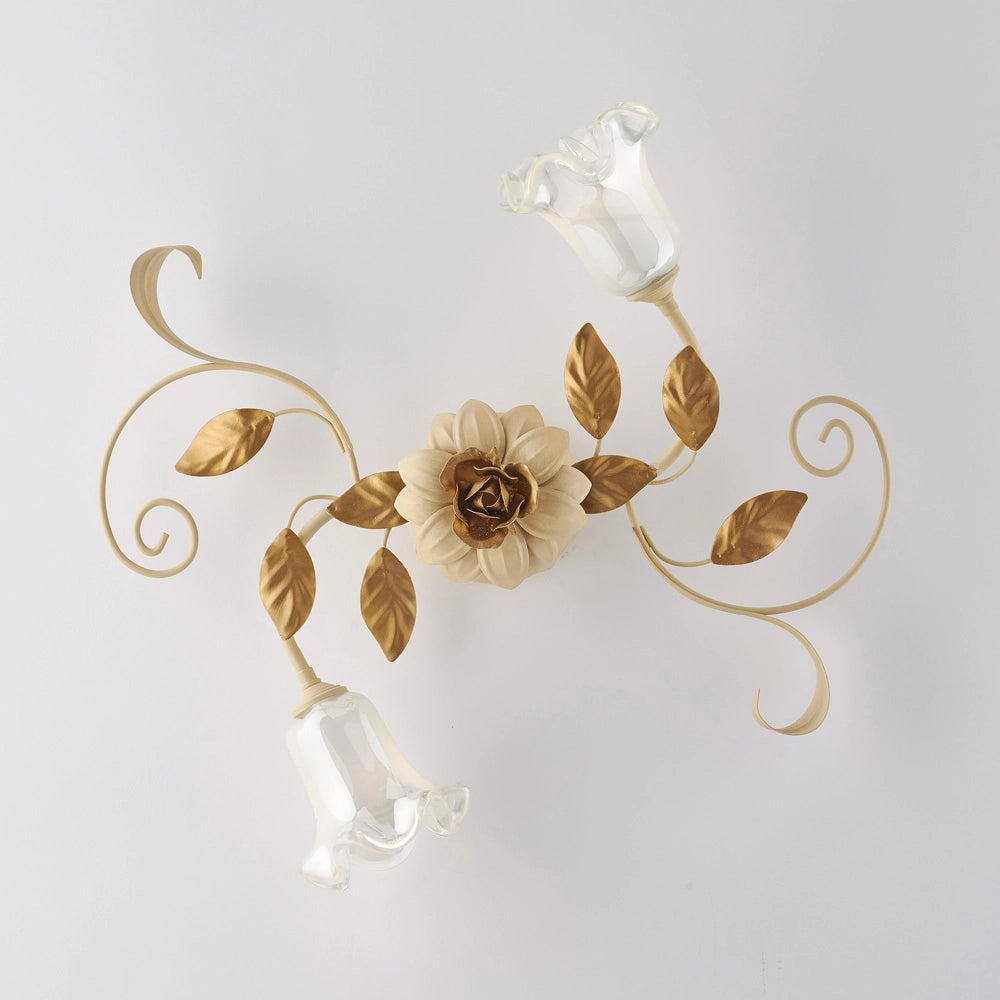 Plafoniera Arte Povera Cesto Metallo Avorio E Oro 2 Luci E14