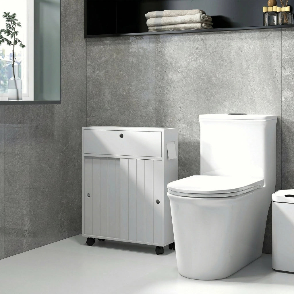 Mobile Bagno Stretto con Ruote, Ante Scorrevoli e Ripiani Regolabili ¨C Minimal ¨C Bianco