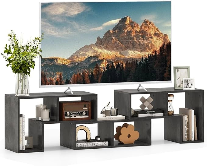 Mobile Porta TV Combinabile con Ripiani Aperti, per TV Fino a 65 Pollici, Mobile TV di Legno per Camera da Letto, Soggiorno, Capacità di Carico Massima 80 kg, 134-180 x 30 x 43 cm (Grigio)