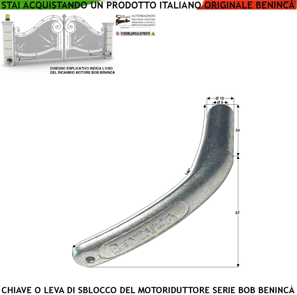 Leva 9686877 Chiave di Sblocco Emergenza del Motoriduttore BOB della Benincà Apre il Cancello in Mancanza di Rete Elettrica Costruita in Fusione di Alluminio Foro con Canali per l'Aggancio del Perno