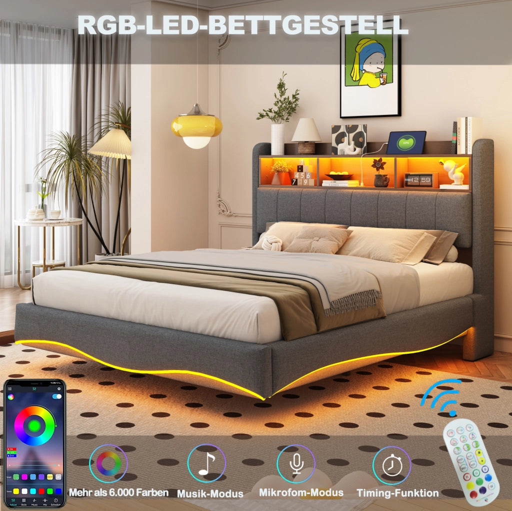 Letto imbottito sospeso 160 x 200 cm con LED, USB e Type-C grigio