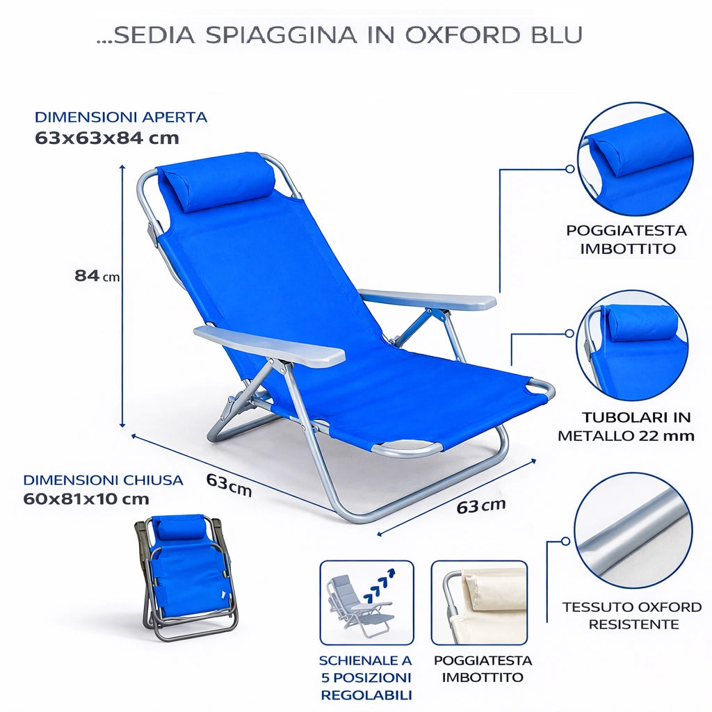 Sedia Spiaggina Prendisole Pieghevole Reclinabile 5 Posizioni Blu Mare Spaggia