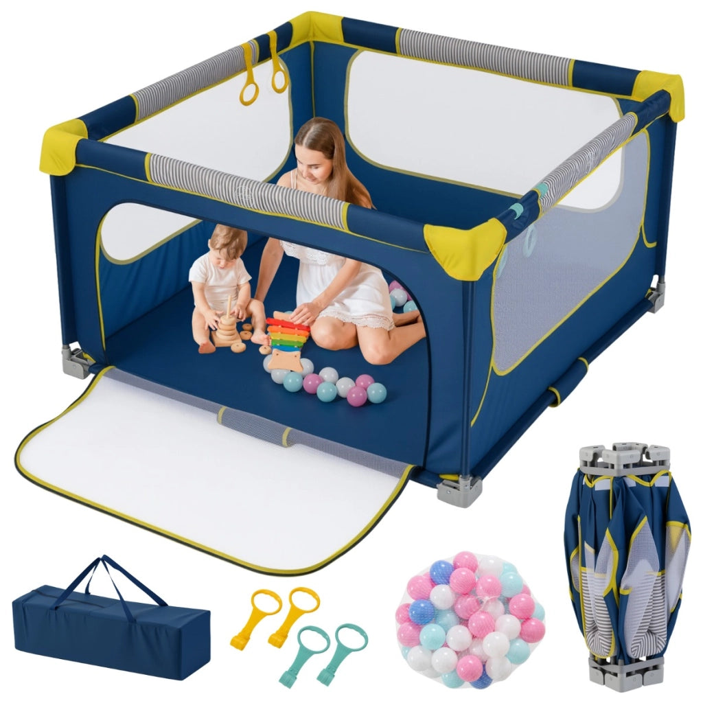 Box per bambini 127 x 127 cm senza montaggio, Recinto pieghevole per bambini con cancello con cerniera Blu