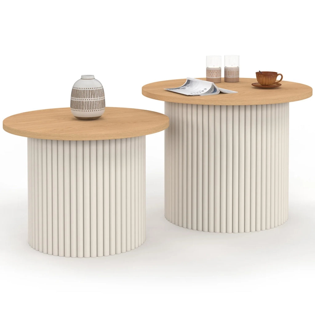 IDMarket - Set di 2 tavolini KANEL rotondi 40/45 con effetto scanalato beige e piano in legno