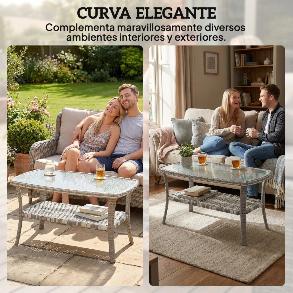 Tavolo da Giardino in Rattan con Piano in Vetro Temperato ¨C zephmum ¨C 90x50x45 cm Grigio Scuro
