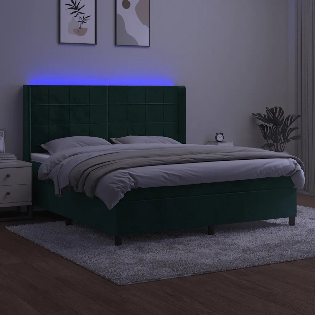 Letto a Molle con Materasso e LED Verde Scuro 160x200cm Velluto 3139574