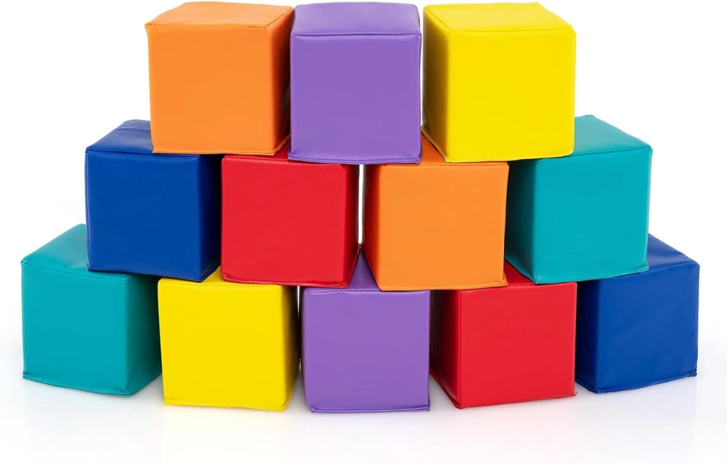 Set di 12 Blocchi da Costruzione in Schiuma EPE, Cubi Colorati 14 x 14 cm con Copertura in Finta Pelle Impermeabile, Blocchi Morbidi per Bambini per Impilare e Arrampicarsi (Rosso e Giallo)