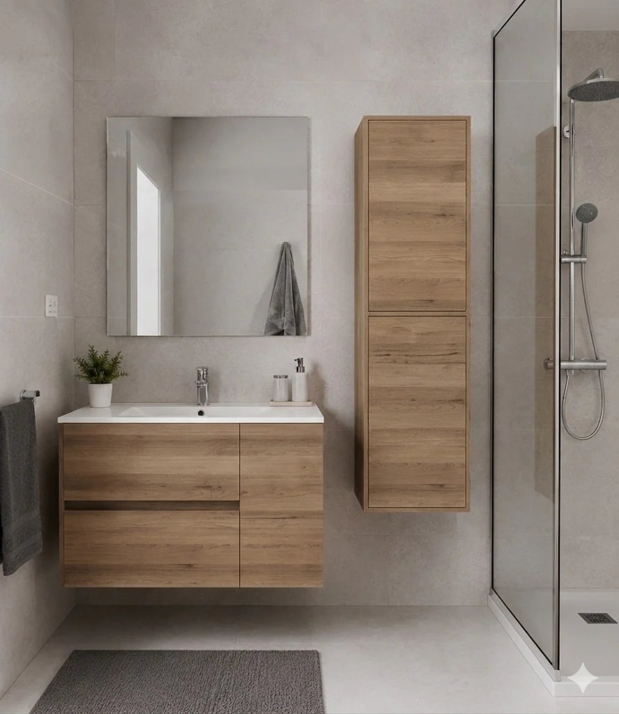 Mobile Bagno HEIMDALL Già Montato 2 cassetti e porta, lavabo e specchio Estepa 120x45 cm doppio lavabo con colonna