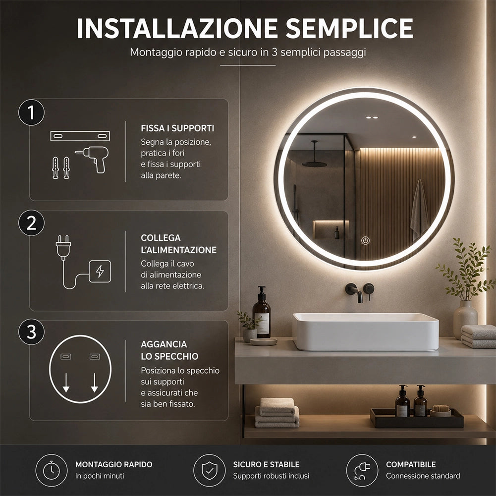 Specchio Tondo Diametro 60 cm con Led a 3 Colori Dimmerabile Accensione Touch