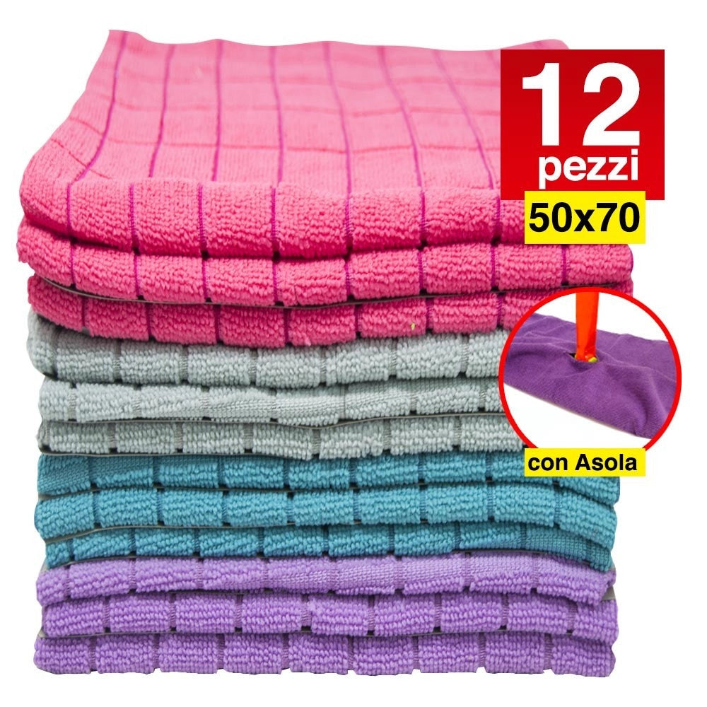 Trade Shop - 12 Panni Microfibra 50x70 Cm Senza Asola Panno Pulizia Multiuso Lava Pavimenti -