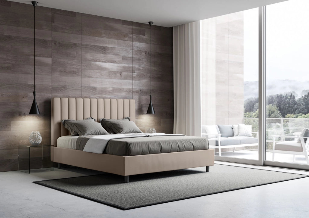 BS COM Letto matrimoniale con rete imbottito 160x210 similpelle tortora