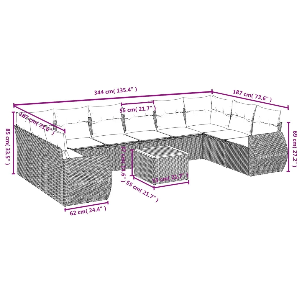 Set Divani da Giardino 11 pz con Cuscini in Polyrattan Nero 3257504