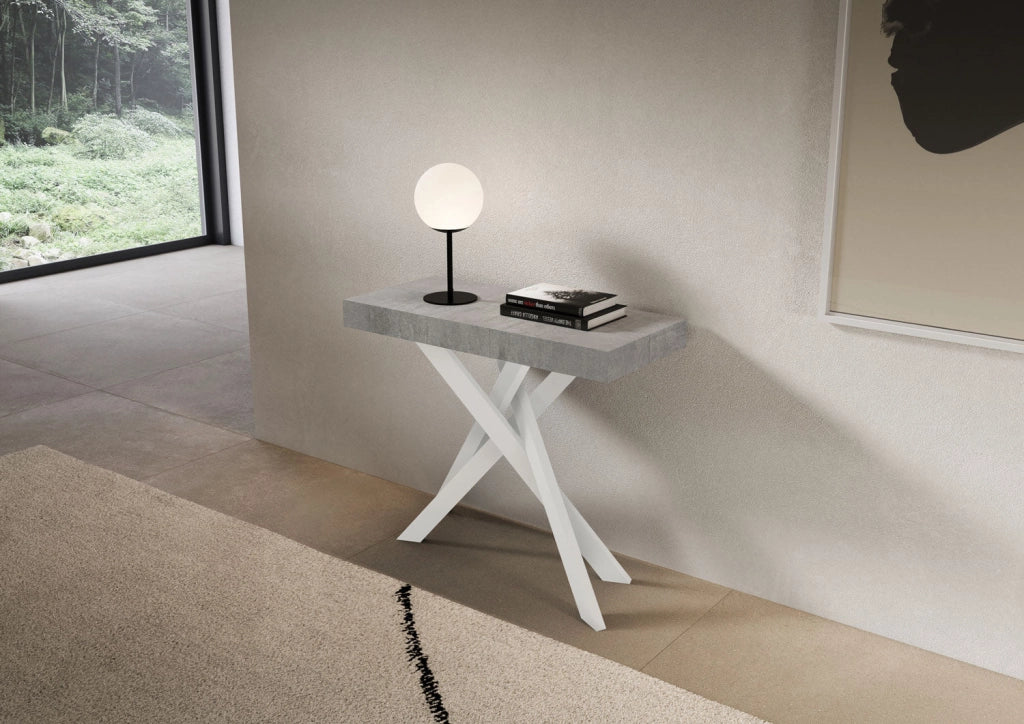Consolle Allungabile 90-196x40x77 cm Saki Small Cemento Gambe Bianche