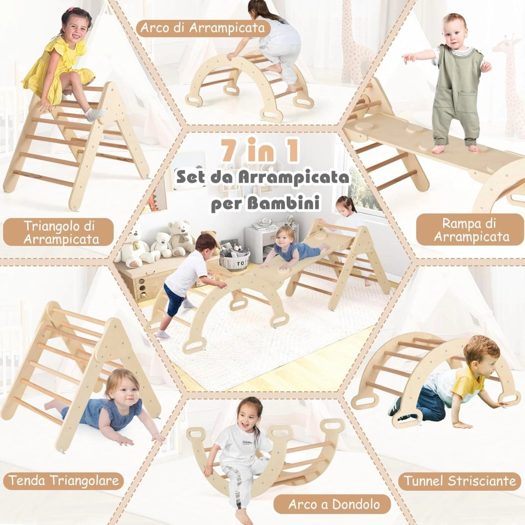 4 in 1 Set da Arrampicata per Bambini, Giocattoli da Arrampicata a Triangolo con Triangolo Arco e Salita, Ideale per Bambini 1 Anni + (Naturale)