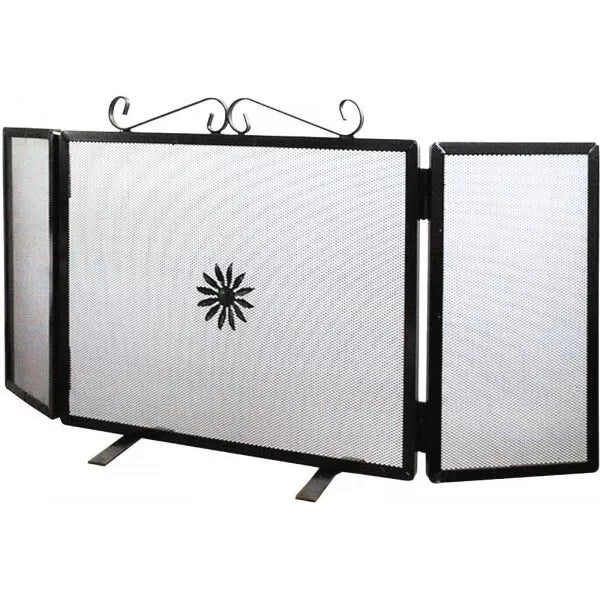 Parascintille per Camino in Ferro Battuto, Artigianale, Nero, con 2 Ante Laterali, Stile Classico, Protezione per Caminetto (58cm + (12cm x2 antine) 50cm h)