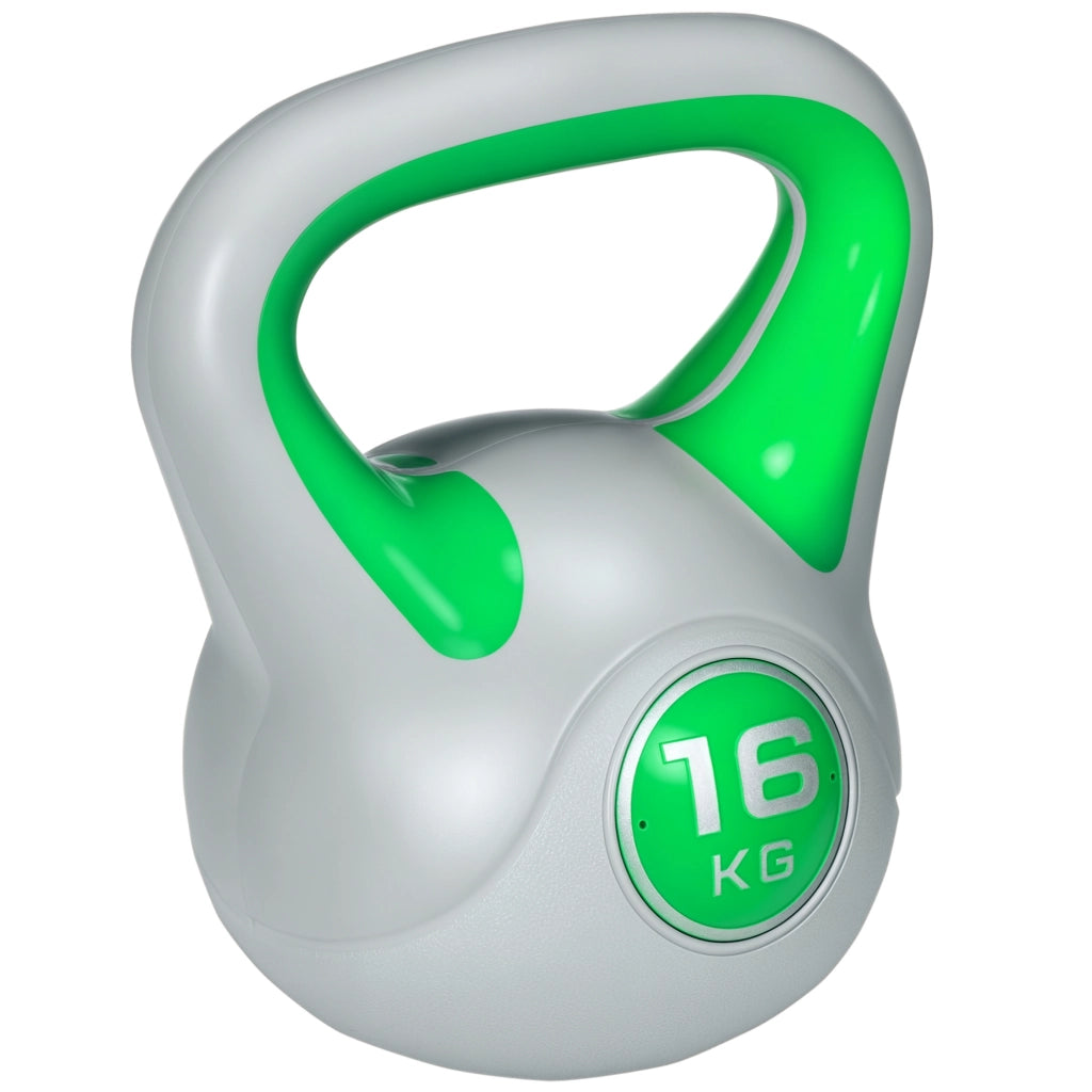 Kettlebell 16kg in PU e Sabbia con Base Piatta e Impugnatura per Stacchi, Squat e Sollevamenti, 27x17x31 cm, Verde