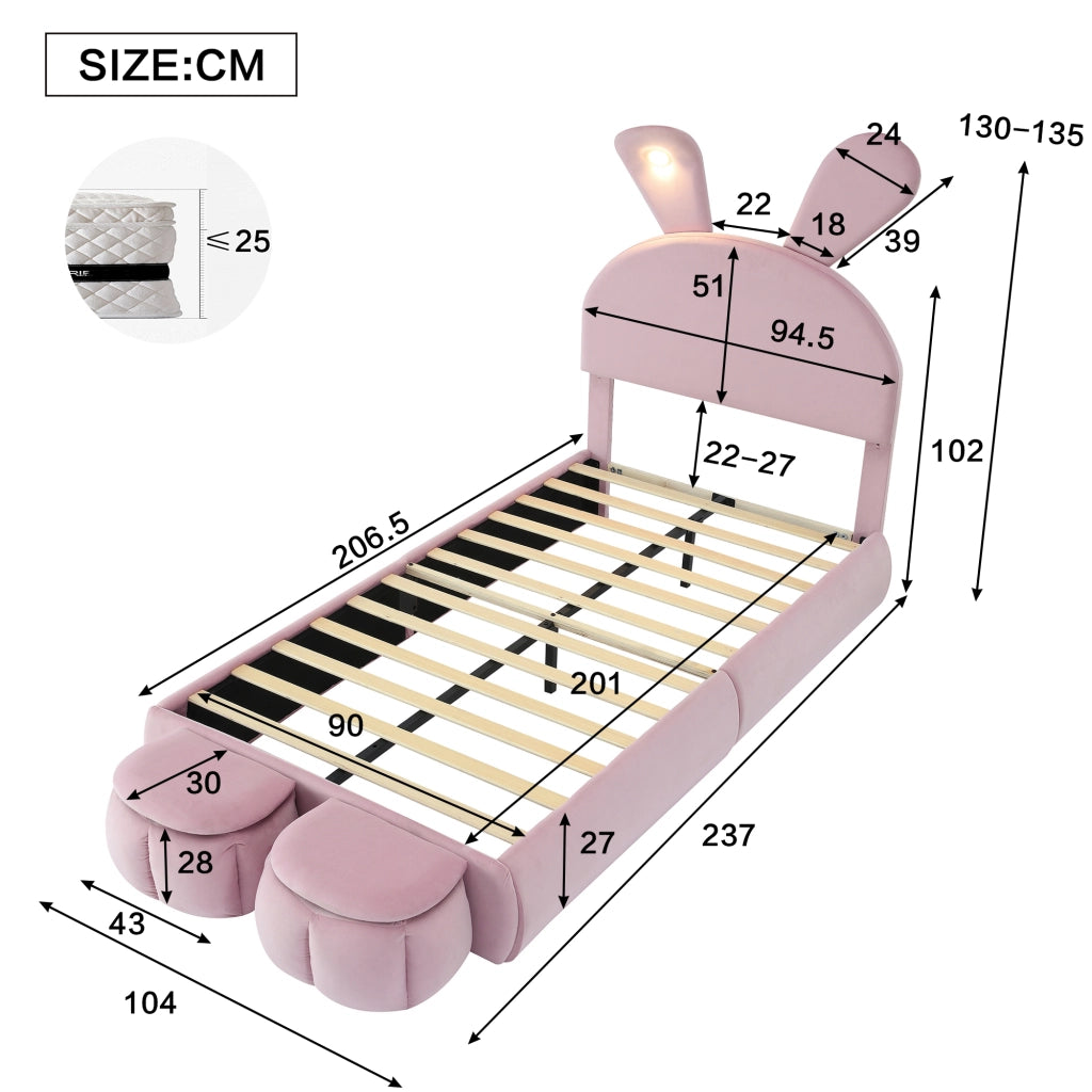 Bunny Kids Bed;90x200 cm;with adjustable LED lights;stools;pink velvet