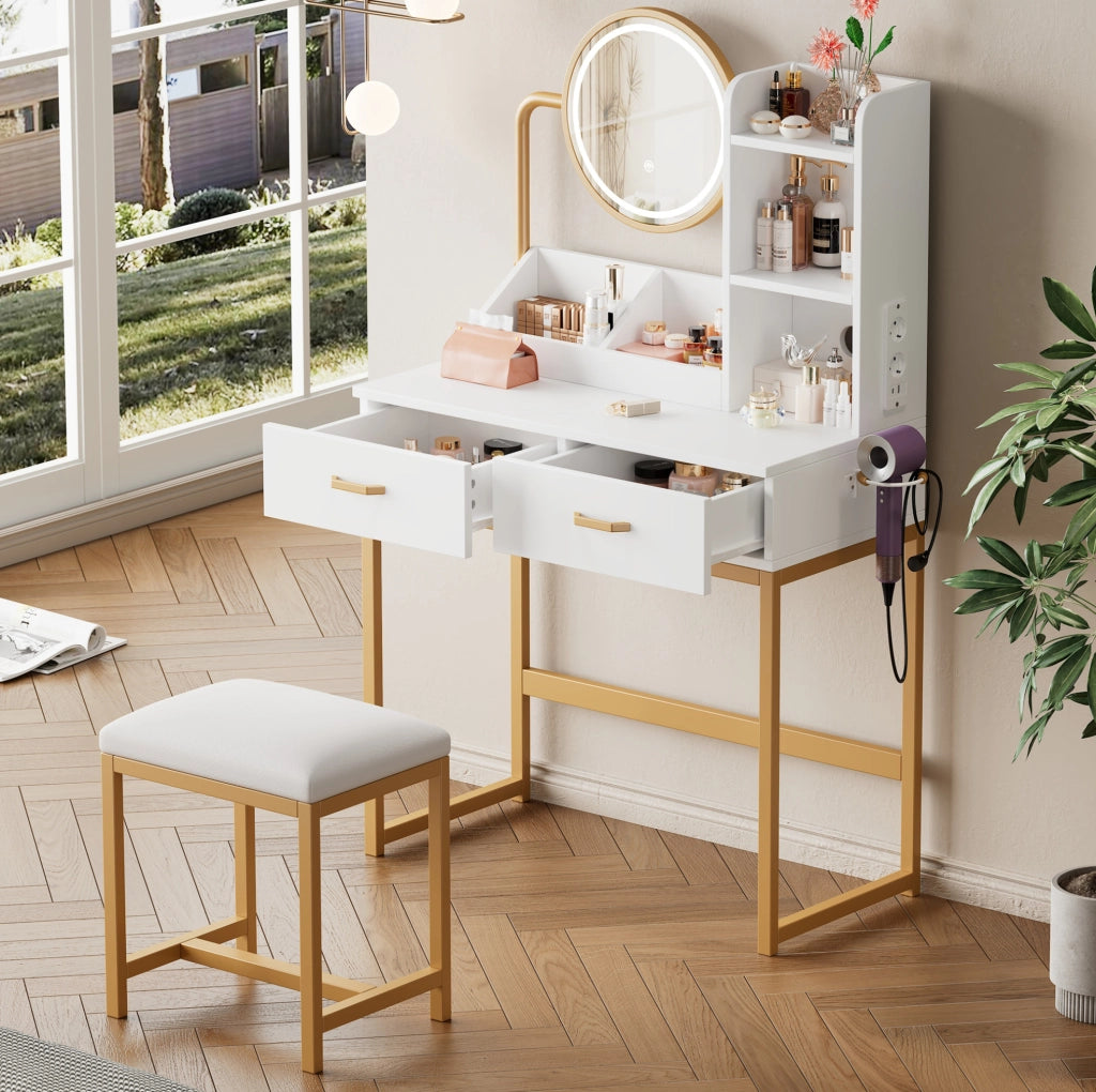 Toeletta bianca e oro con specchio LED, prese USB e sgabello