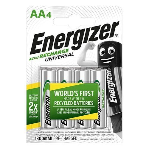 Energizer E301376001 Recharge Universal Batteria Ricaricabile Stilo AA NiMH 1300 mAh 1.2V confezione 4 pz colore Verde Argento