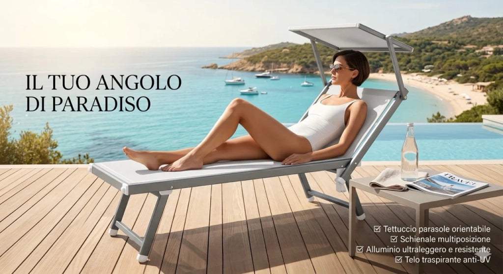 Coppia Lettino Prendisole Pieghevole crema Sdraio Alluminio con Parasole Mare Giardino Piscina Tessuto Traspirante