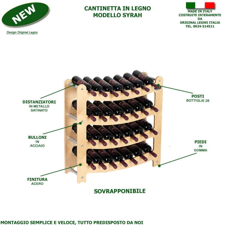 CANTINETTA - SOVRAPPONIBILE- IN LEGNO PORTA BOTTIGLIE VINO MODELLO SYRAH 28 BOTTIGLIE FINITURA ACERO L.75 x P.25 x H.75 100% FABBRICATO IN ITALIA