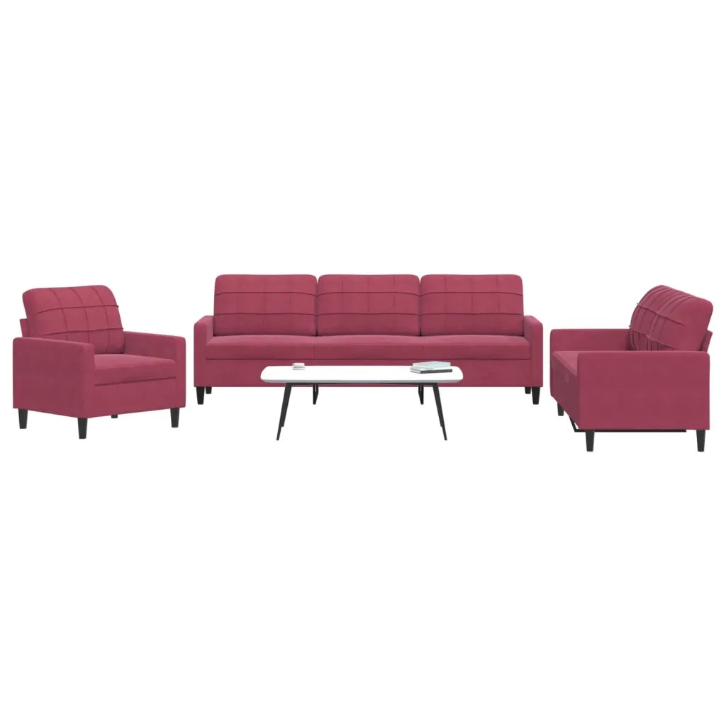 Set di Divani 3 pz con Cuscini Rosso Vino in Velluto
