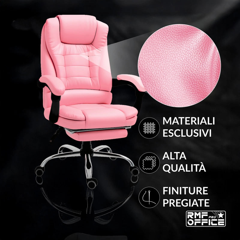SEDIA DA UFFICIO ERGONOMICA RECLINABILE REGOLABILE IN ALTEZZA CON POGGIA PIEDI ROSA