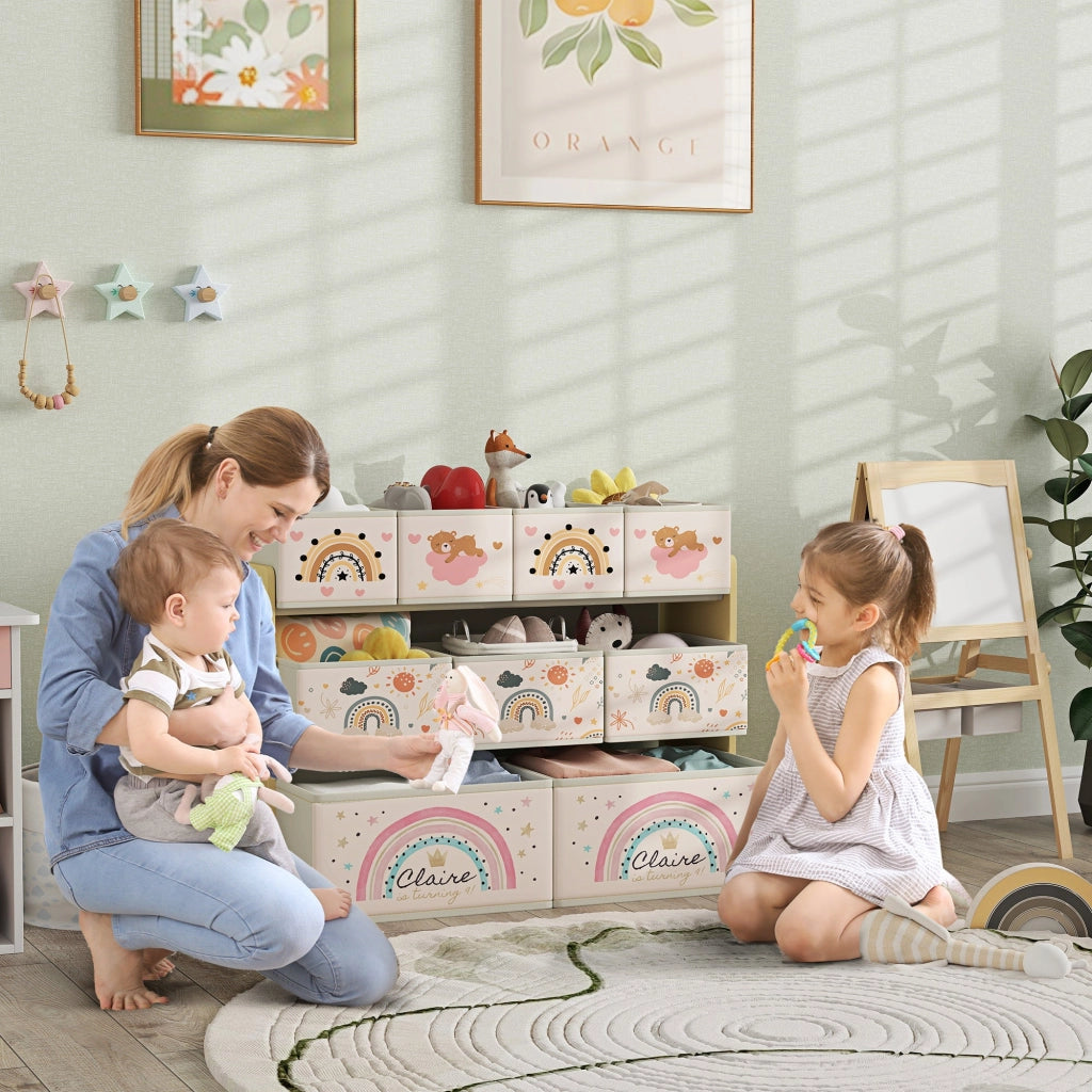 Mobile Portagiochi per Bambini a 3 Livelli 93x30x70 cm con 9 Contenitori in Tessuto Giallo