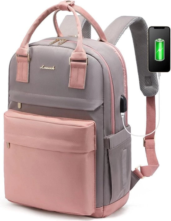 Borsa per ragazze, 15,6 pollici, borsa laptop, borsa scuola, ragazze, adolescenti, con connessione USB e tasca laptop, borsa scuola impermeabile, borsa giornaliera, elegante, per scuola, università, viaggi - Rosa
