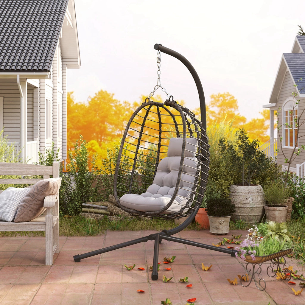 Sedia Sospesa a Uovo in Rattan con Cuscino ¨C Zephmum ¨C Grigio, Altezza Regolabile