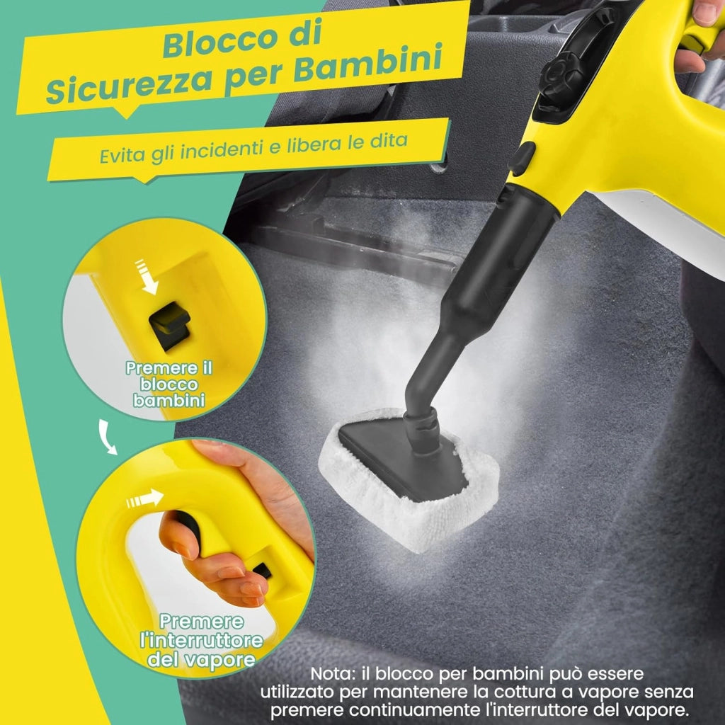 1500W Pulitore a Vapore Portatile, Macchina a Vapore con Serbatoio d'Acqua da 400 ml Blocco per Bambini e Kit di Accessori da 14 Pezzi, 33x13x24,5 cm (Giallo)
