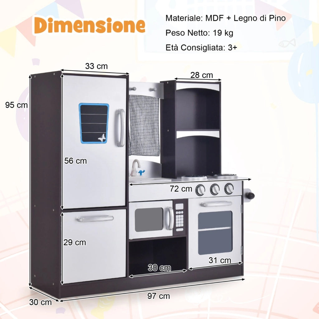 Set cucina in legno per bambini, Cucina gioco con frigorifero giocattolo lavagna forno fornelli a gas 97x30x95cm-Cucine giocattoli