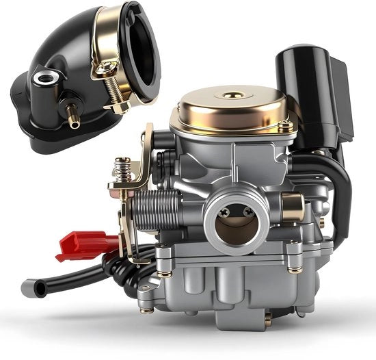 Carburatore 18 mm - E-choke - Connesione di aspirazione 28 mm - Connesione filtro d'aria 40 mm - Adatto per Rex RS 400/450/460 - Incluso gomito di aspirazione - Carburatore scooter