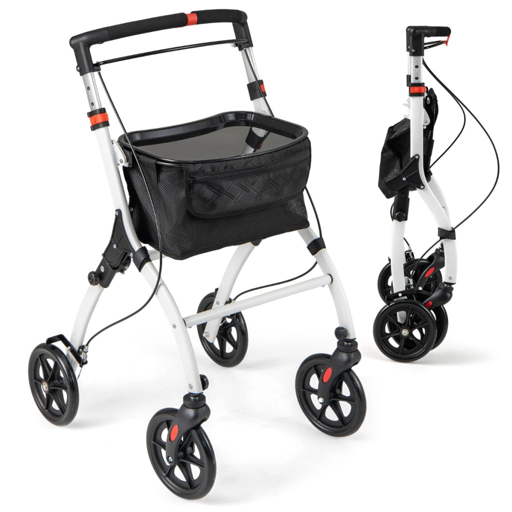 Rollator per anziani con vassoio cesto per la spesa 4 ruote e freni-Deambulatore pieghevole regolabile in altezza Bianco e nero