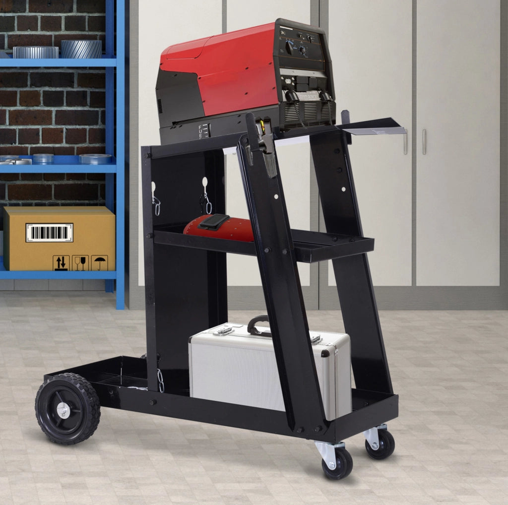 Carrello per saldatura ULEVR 71x39x70 cm con 3 ripiani, catene di sicurezza e ruote in gomma, nero