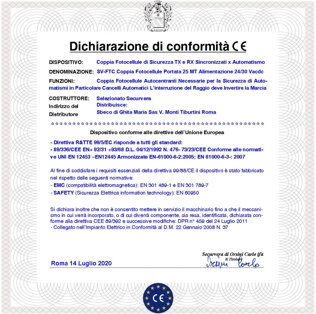Coppia Fotocellula di Sicurezza Cancello Elettrico Benincà Controllo Passaggio Portata 25 Metri Lineari Montaggio a Parete o Palina Alimentazione 24/30 Vac