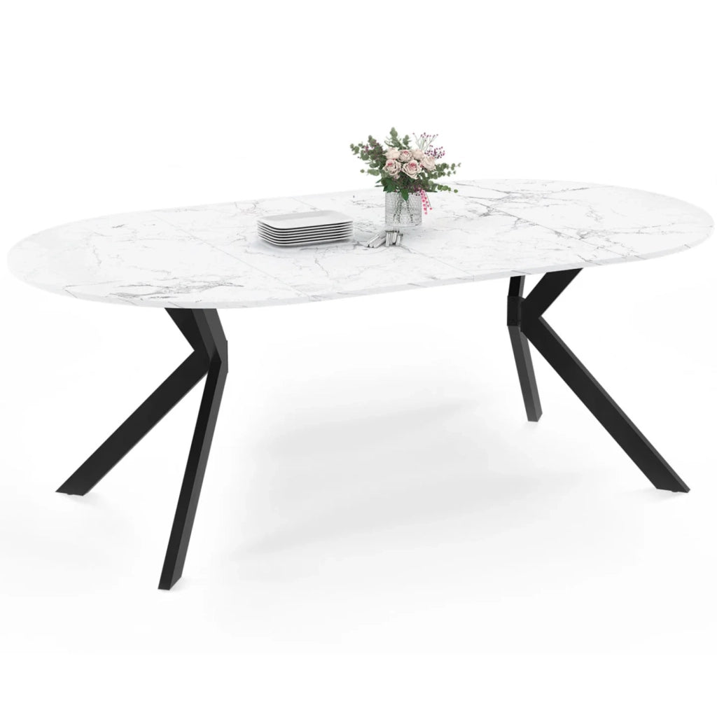 IDMarket - ALIX tavolo da pranzo rotondo allungabile 4-10 persone gamba a ragno nera piano effetto marmo bianco ALASKA 110 - 200 cm