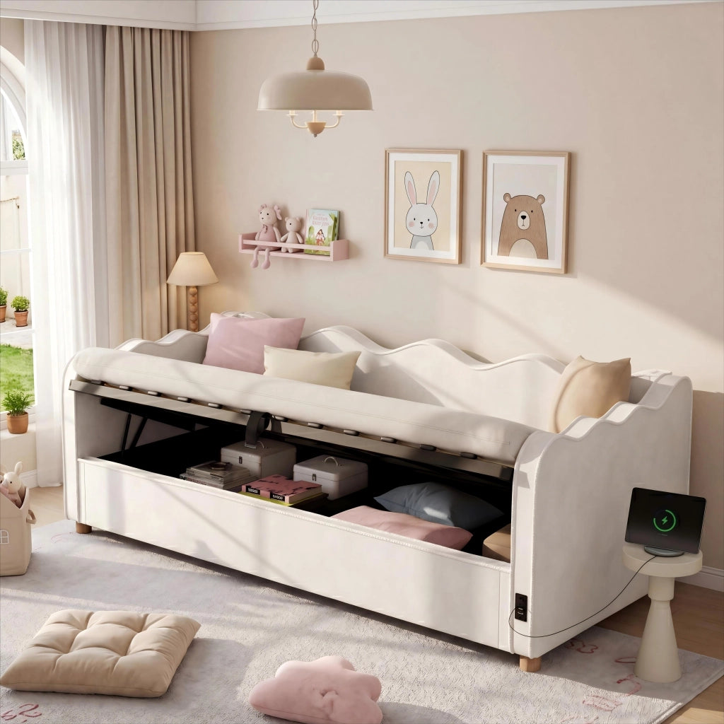 Letto imbottito 90x200 cm con contenitore idraulico, struttura con rete, velluto beige, USB e Type-C