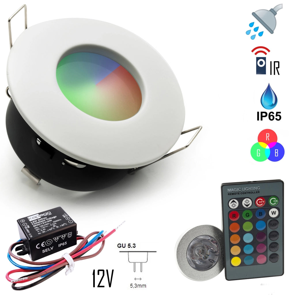Faretto incasso IP65 Led cromoterapia box doccia bagno RGB 3W 12V alimentatore COLORE BIANCO