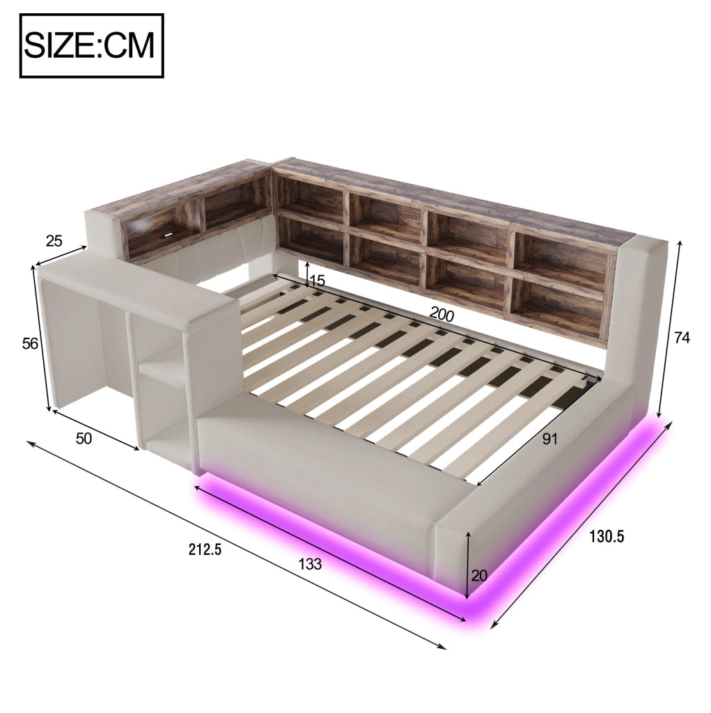 LETTO imbottito 90x200 cm Grigio chiaro con vani contenitore, LED e prese