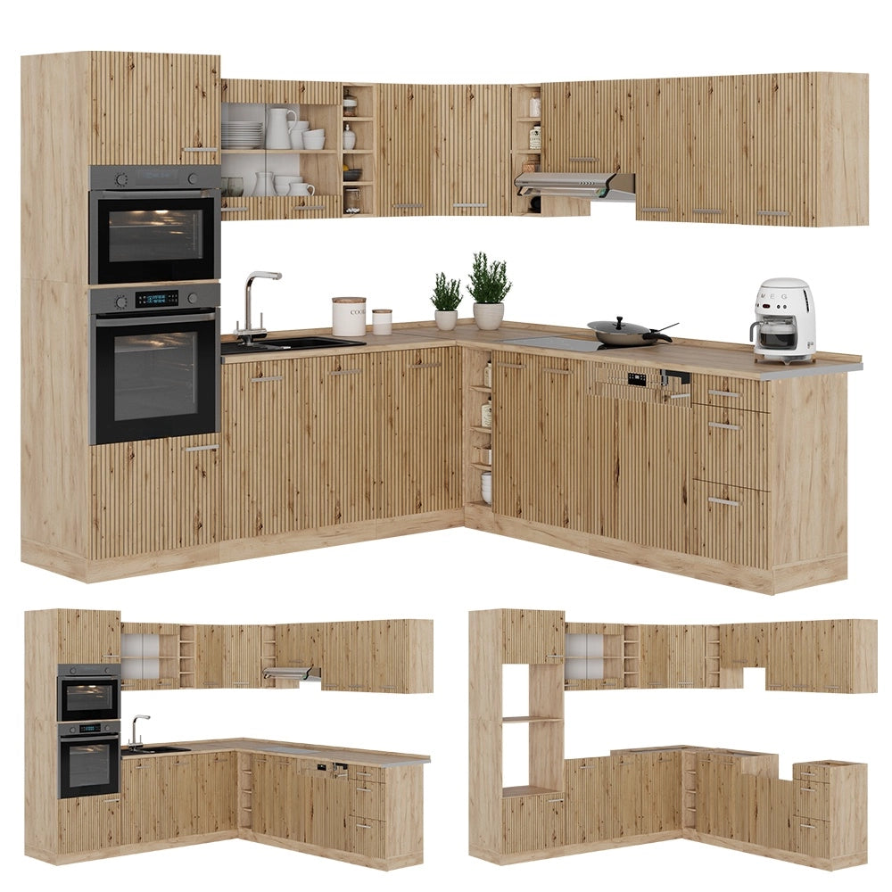 Cucina angolare completa R-Line Rovere artigianale/Rovere dorato 247 x 237 cm senza piano di lavoro Vicco