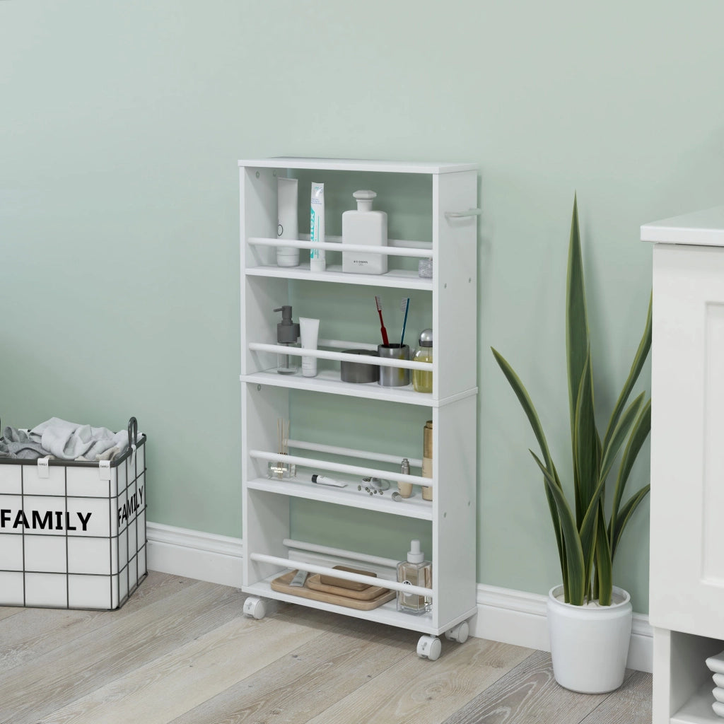 Libreria con Ruote, Stretto, 4 Ripiani ¨C Minimal ¨C Bianco 45x15x91 cm